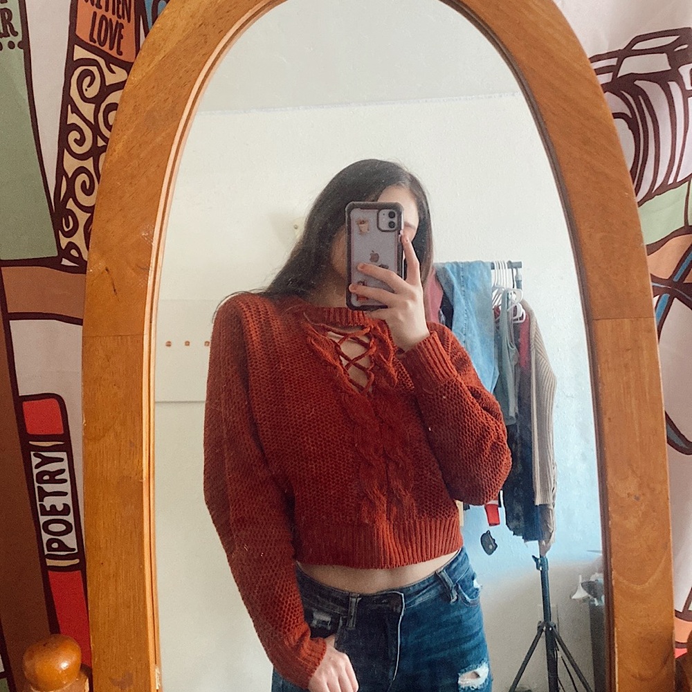NWOT • Burnt Orange Lace Up V-Neck Cable Knit Sweater